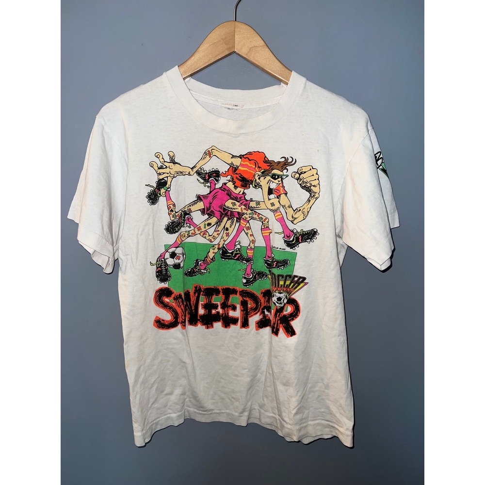 Vintage 1989 B.S. Tees Soccer Sweeper Graphic T-Shirt White Single Stitch 80s